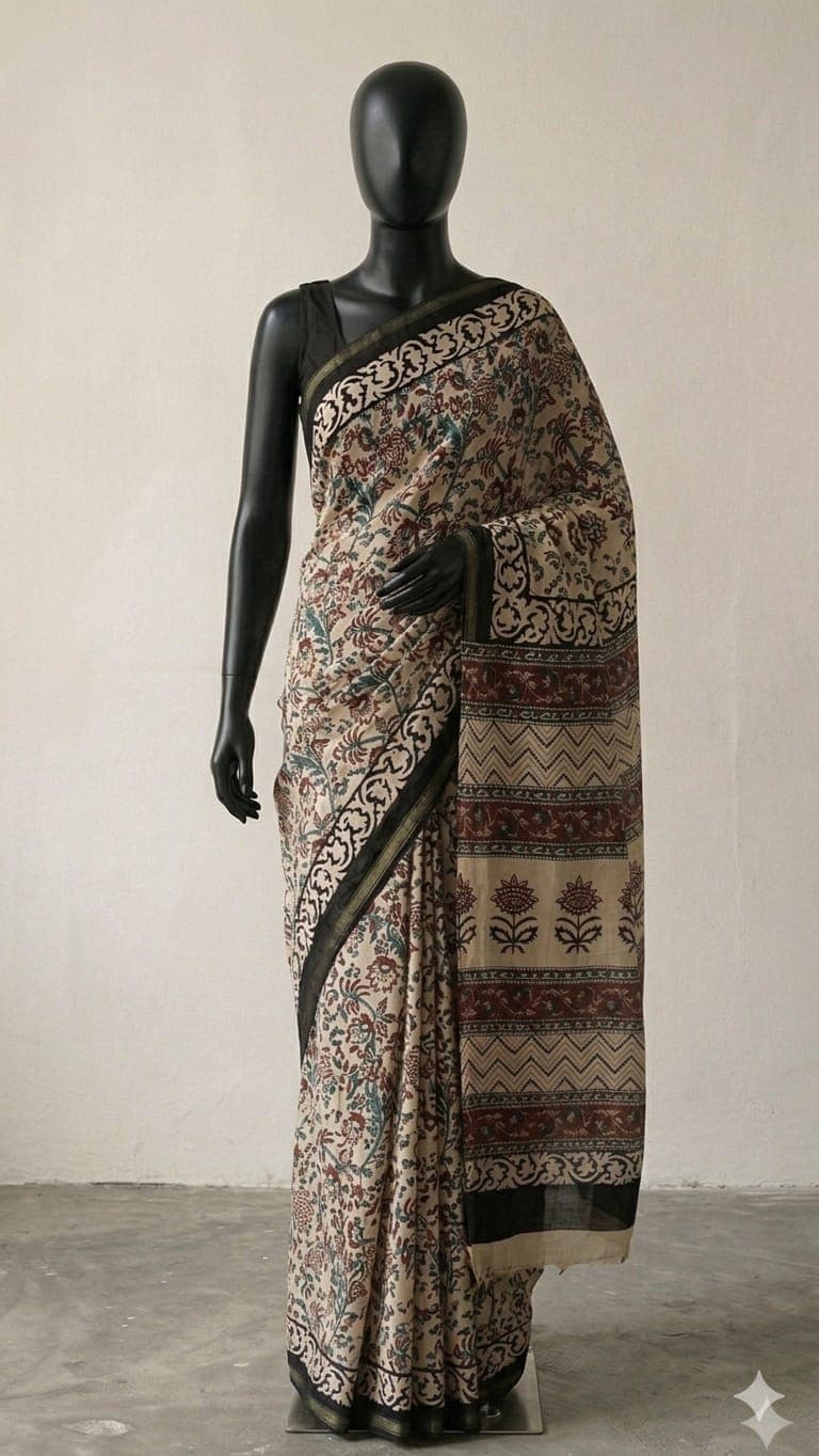 Beige Mulmul Cotton Saree