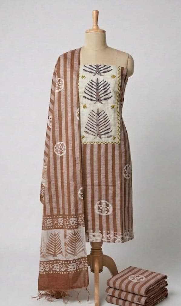 Brown Batik Kantha Cotton 3Piece Suit