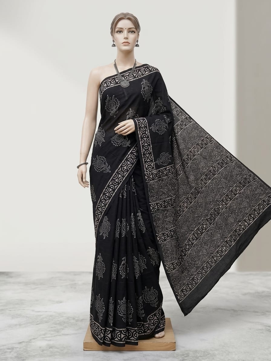 Black Batik Print Cotton Saree