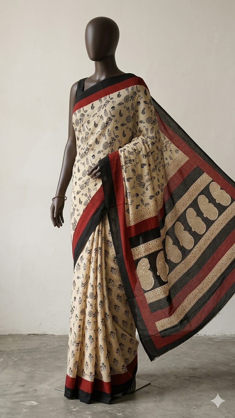 Cream Mulmul Cotton Saree