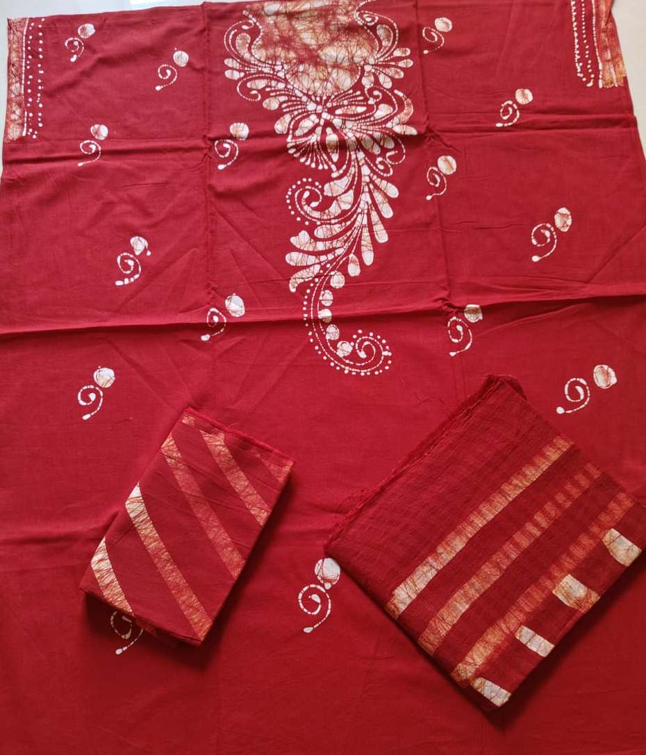 Cheery Red Bherugarh Cotton 3Piece Suit