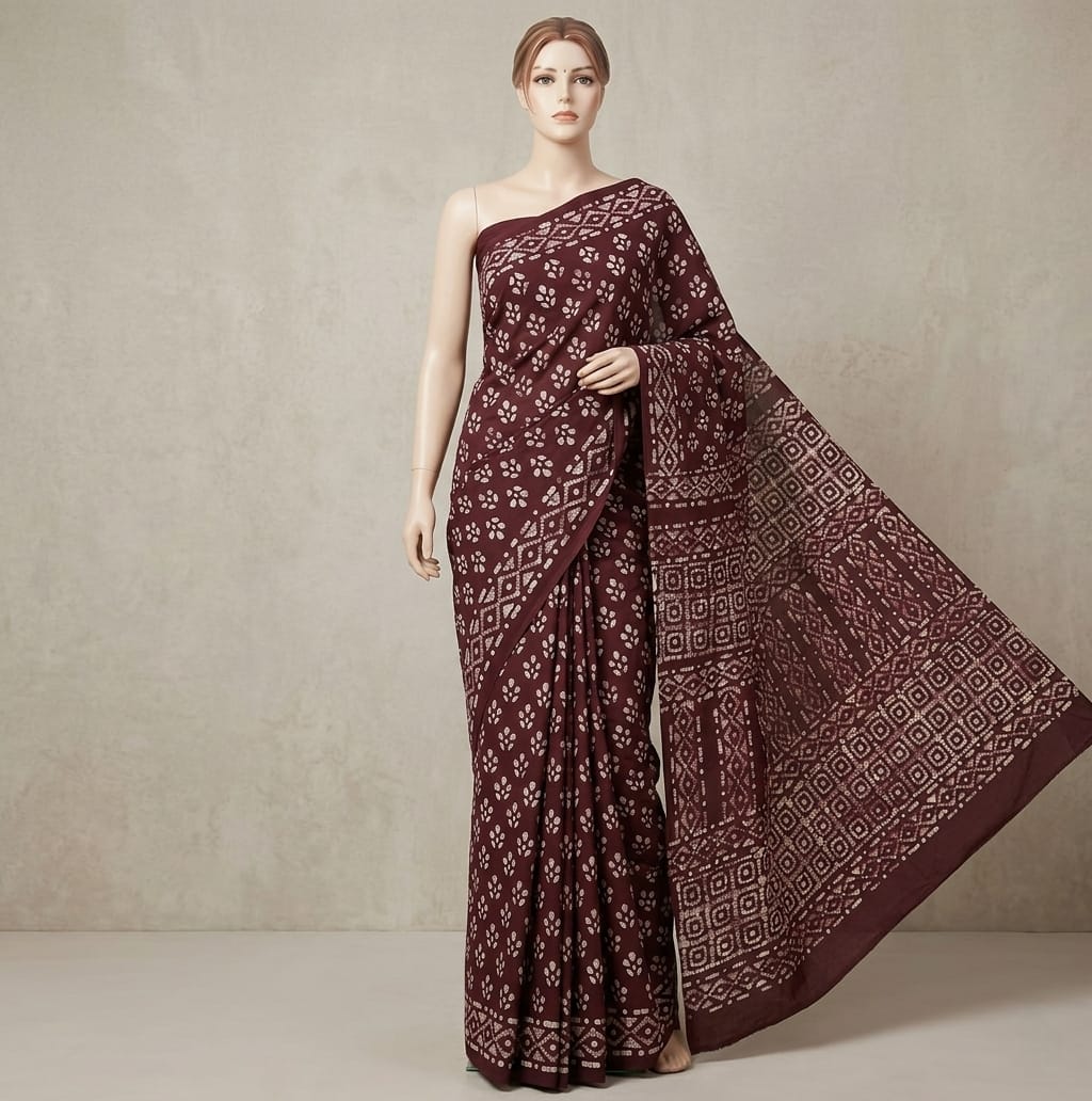 Coffee Brown Batik Print Cotton Saree