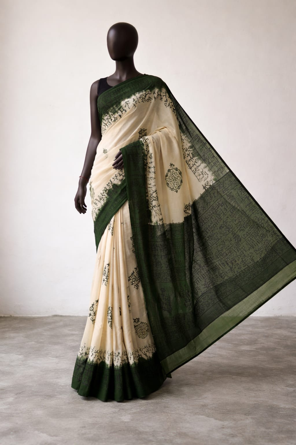 Cream & Green Mulmul Cotton Saree