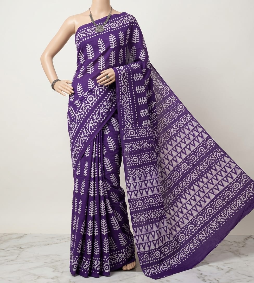 Deep Violet Batik Print Cotton Saree