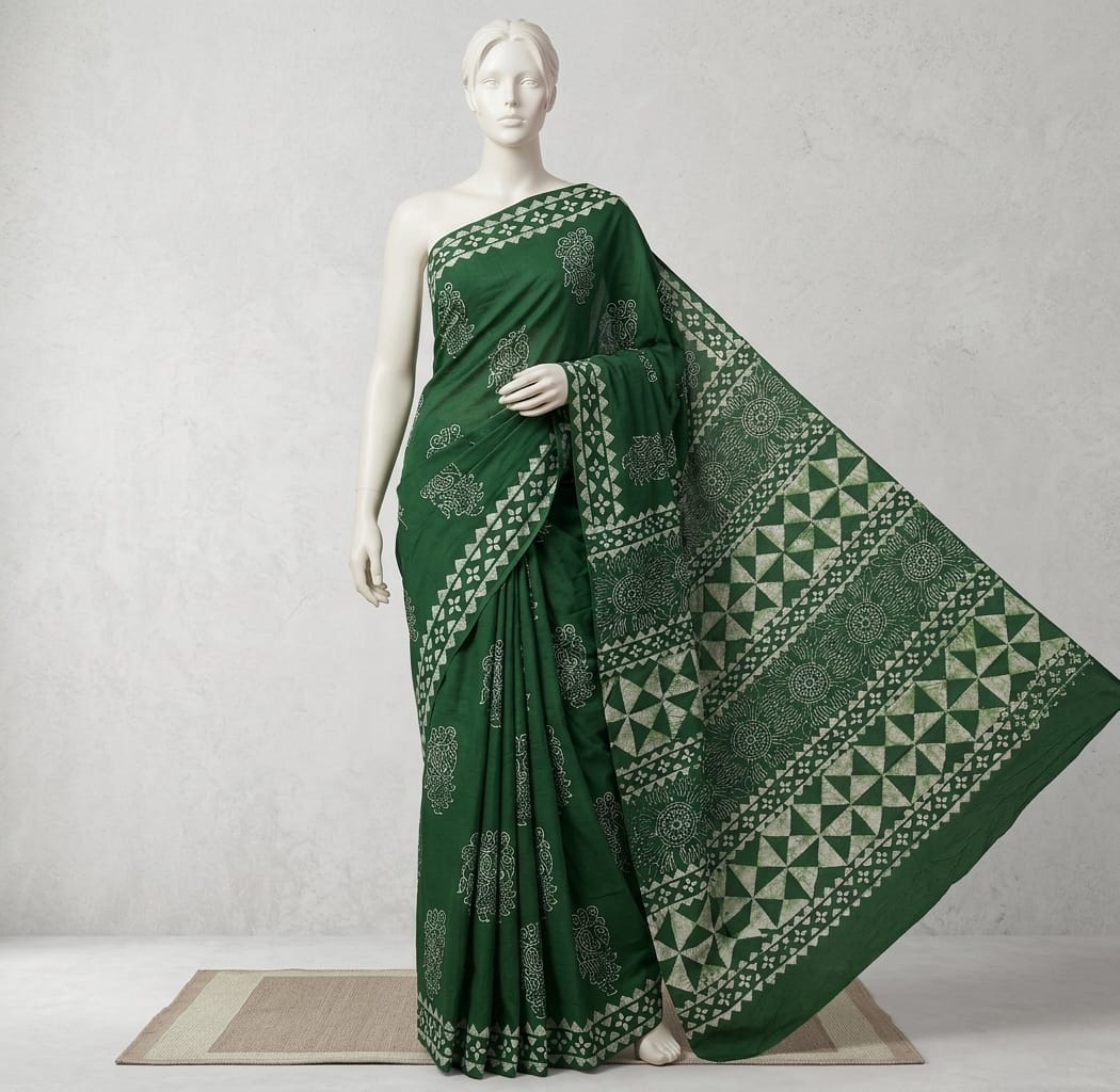 Green Batik Print Soft Cotton Saree