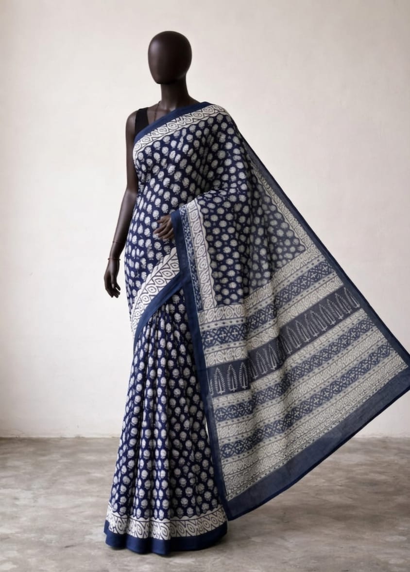 Indigo Mulmul Cotton Saree