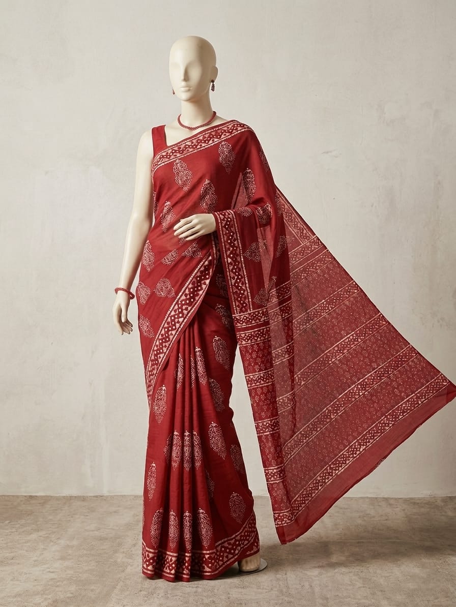 Red Batik Print Soft Cotton Saree