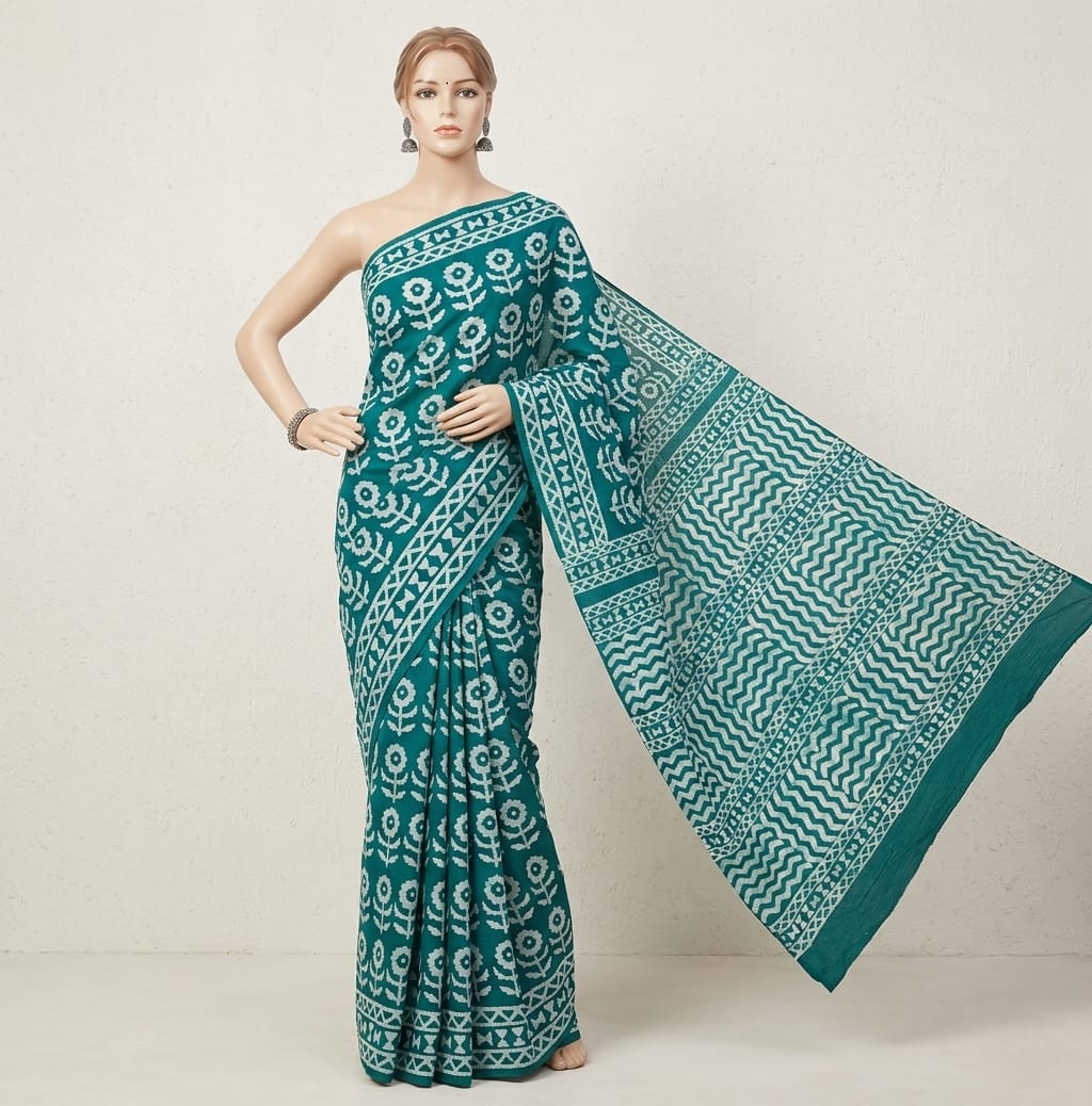 Teal Green Batik Print Cotton Saree